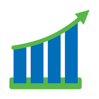 A green and blue graph with an arrow pointing upward