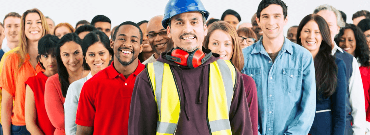 A group of a dozen people wearing uniforms for various jobs including office and a construction worker