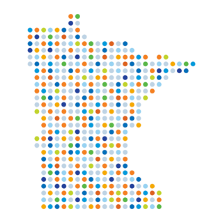 An outline of the state of Minnesota represented by multi-colored circles