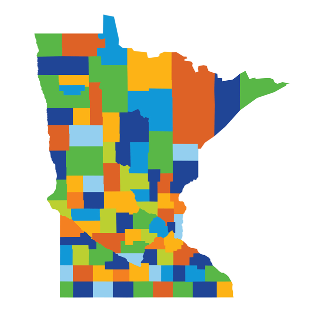 An outline of the state of Minnesota represented by multi-colored circles