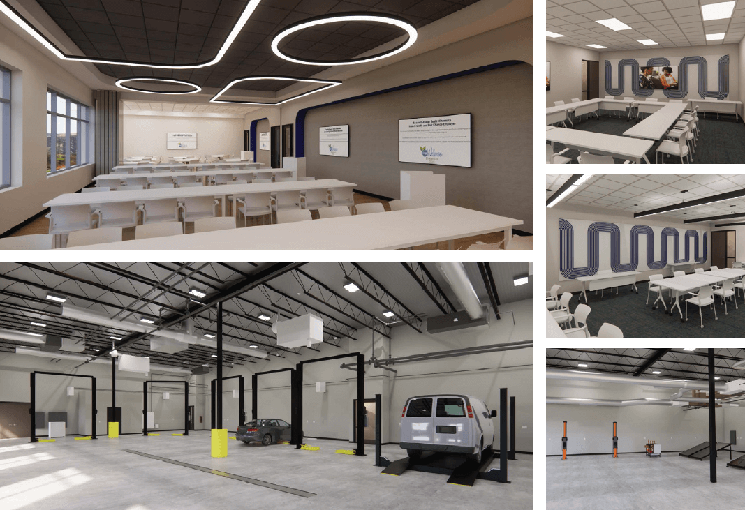 collage of five photos showing renderings of new career campus including conference rooms, classrooms and auto shop