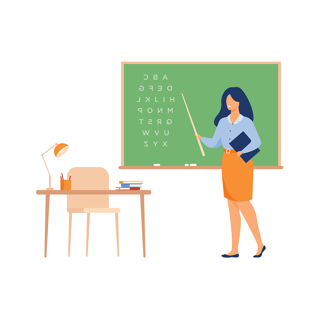 teacher at chalk board with pointer stick