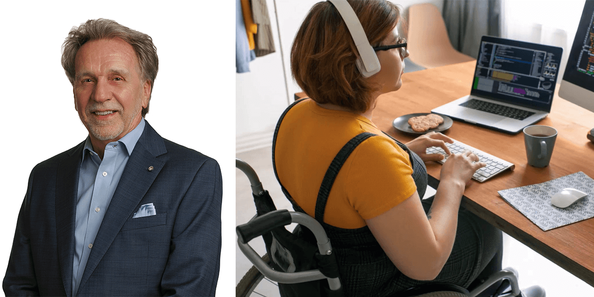 A male in a dark grey suit. A woman wearing white headphones in a wheelchair by a desk.