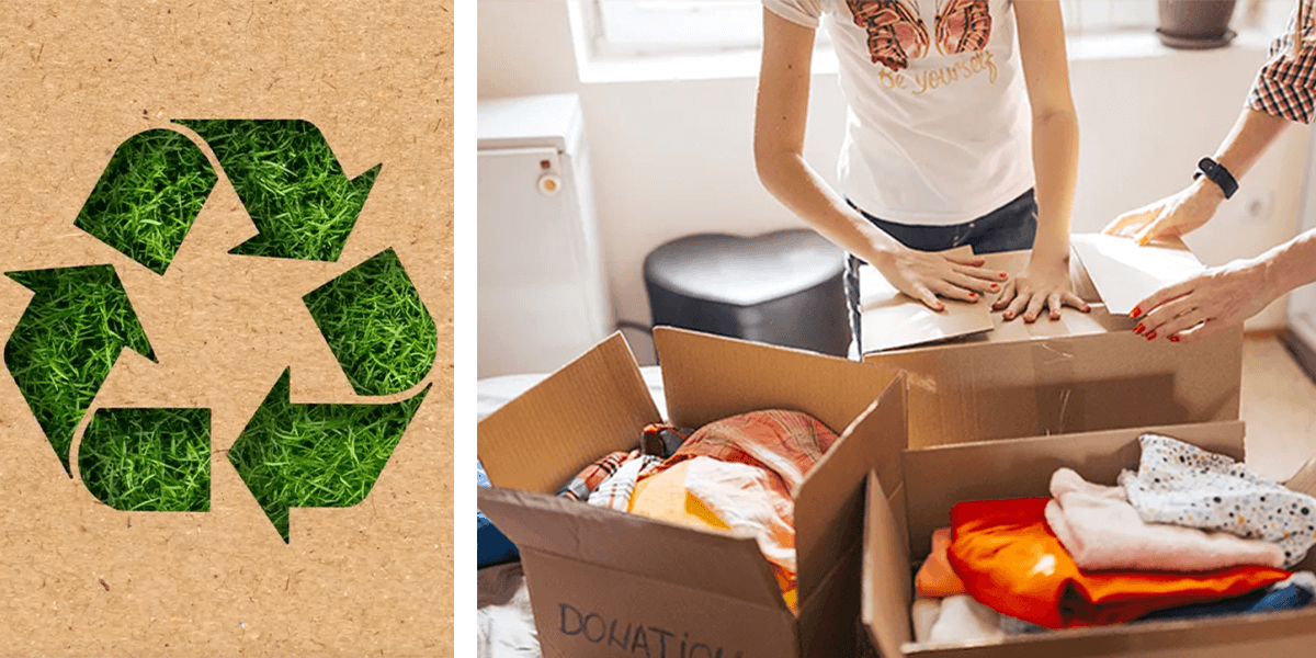 On the left is a recycling symbol. On the left are cardboard boxes with clothing donations in them. 