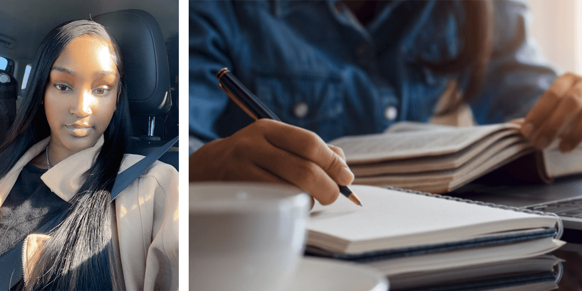 A female smiling on the left. On the right side is a female writing with a pen and looking down at a book.